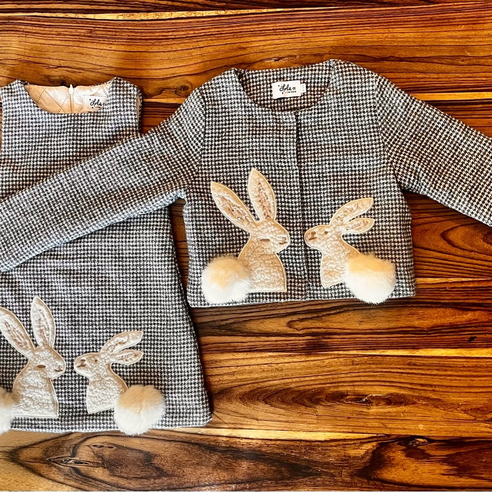 Lola + The Boys Gray Houndstooth Dress and Jacket Set with Cream Bunny Appliqués - Picture 2 of 2